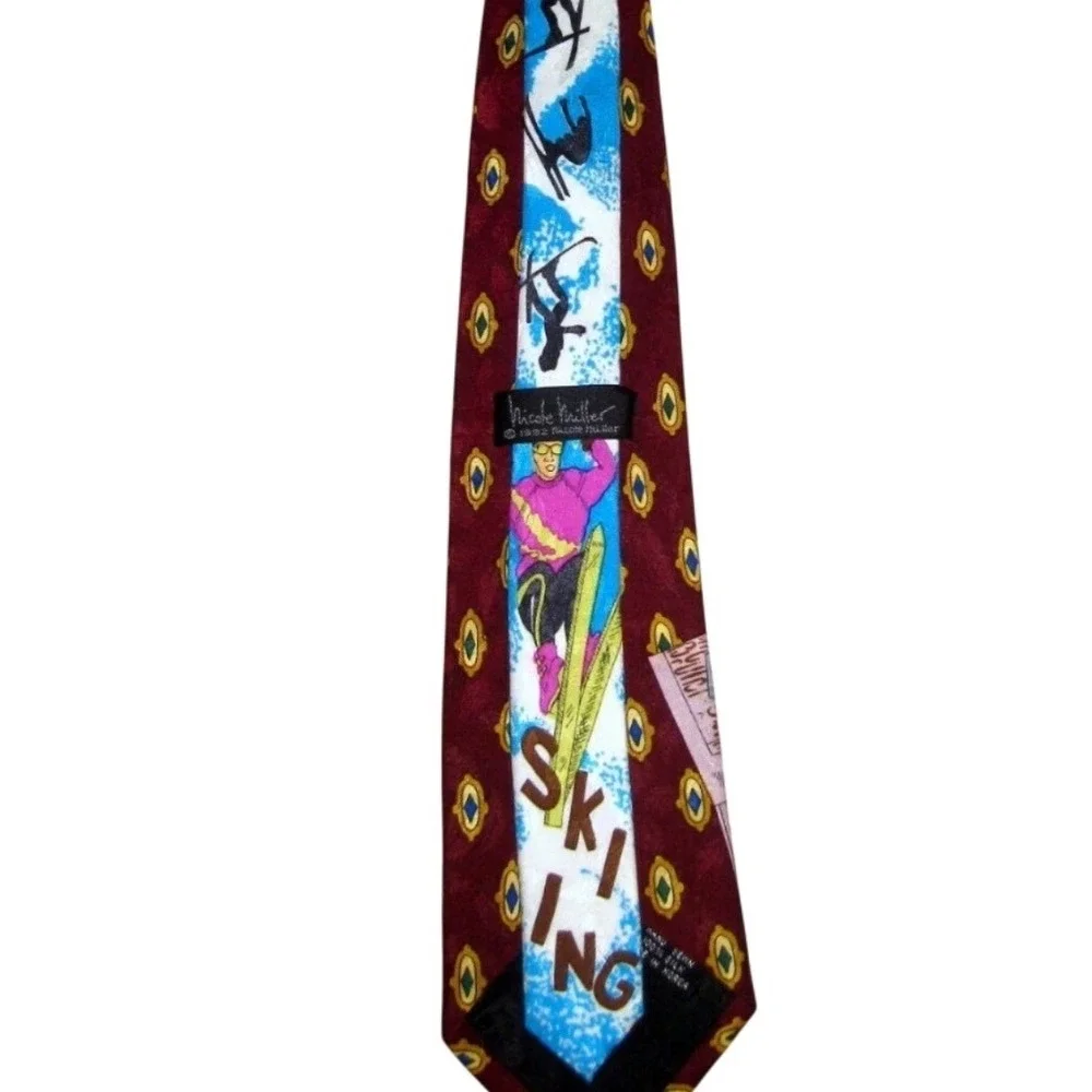 Nicole Miller Mens Burgundy Silk Tie I'd Rather Be Skiing Office Humor‎
